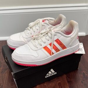 LIMITED EDITION - Adidas Hoops 2.0 White & Neon Iridescent Orange Sneakers, sz 6